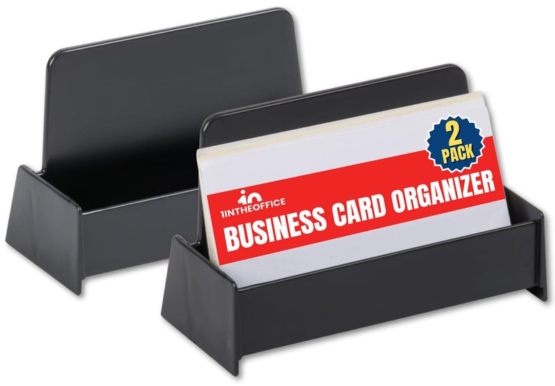1InTheOffice Business Card Holder Desk, Desk Business Card Holder Display, Plastic, Black, 2 Pack - Image 1